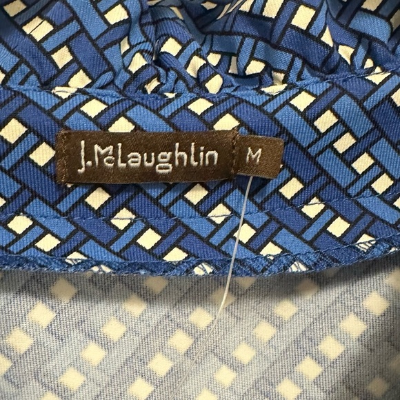 J. McLaughlin Blue & White Weave Print Stretch Dress M ruffle neckline 3/4 slv - Picture 9 of 10